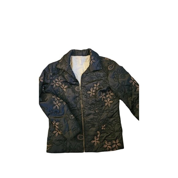Black Floral Embroidered Zip-Up Jacket With White Lining Womens Medium Lightweig - Picture 3 of 5
